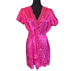 Vintage Miss Dira Hot Pink Satin & Lace Short Bathrobe, Dressing Gown, Medium